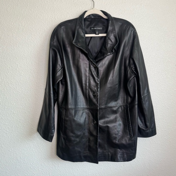 Y2K Ellen Tracy Womens Medium 100% Leather Black Longlined Coat Jacket Gothic - Picture 1 of 9